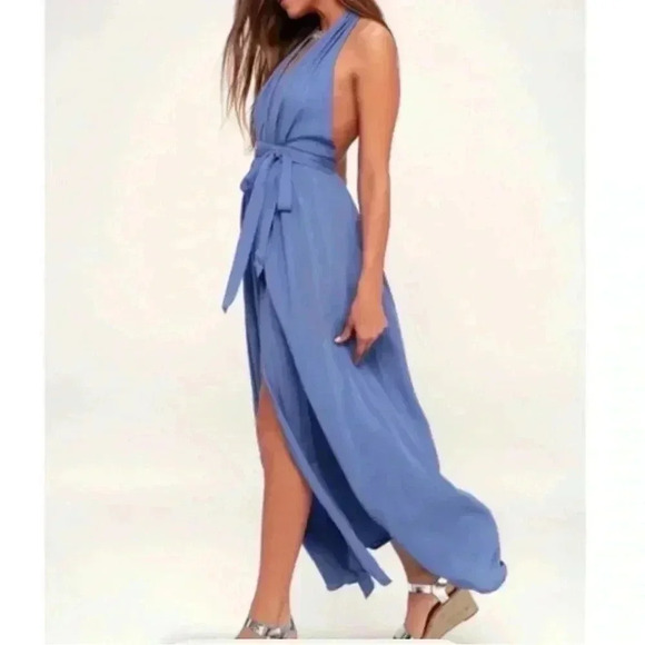 Lulu's Magical Movement Periwinkle Blue Wrap Halter Neck Maxi Dress Size M - Picture 2 of 9